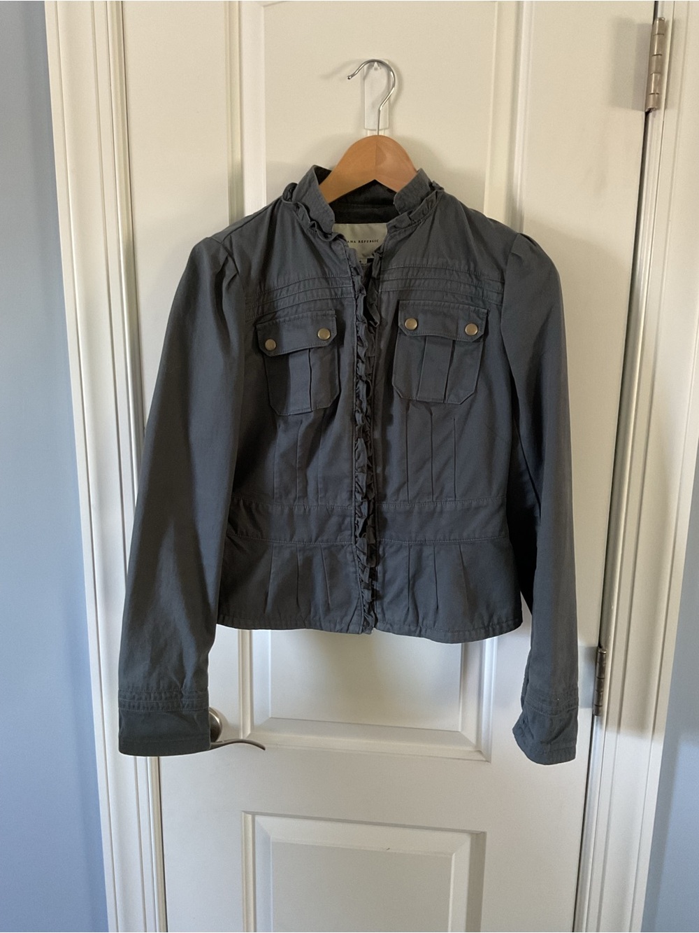 Banana Republic Gray Utility Jacket with Ruffle Trim